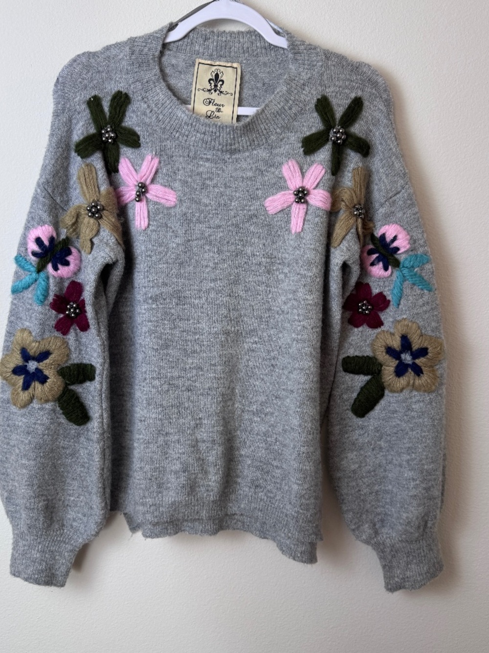 FLEUR DE LIS Gray Long Sleeve Woven Floral Sweater / Women's Large - FLAW